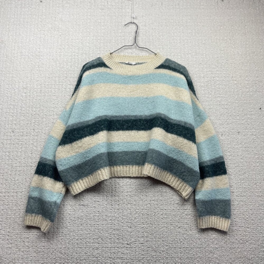 Ardene Jumper Wool Blend Crop Sweater Cozy Knit Wom L / XL Blue / Off-White - Picture 1 of 13